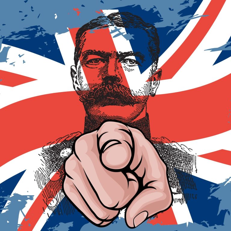 A British propaganda illustration featuring a stern man pointing, with a Union Jack background.