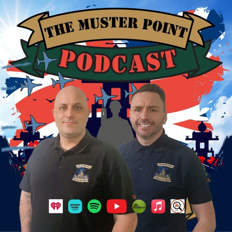 Two hosts of "The Muster Point Podcast" stand against a background featuring planes and a UK flag.