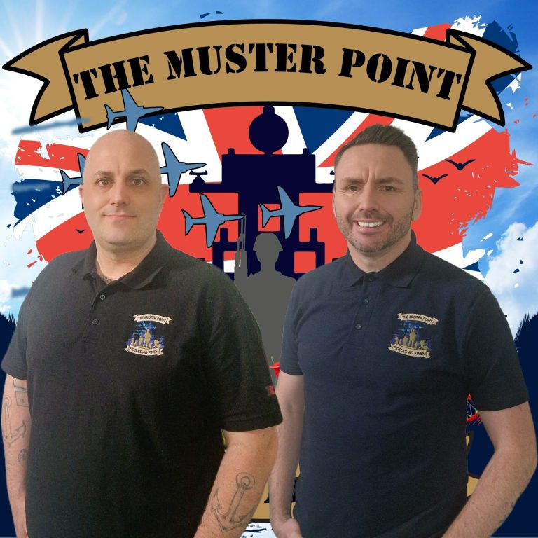 Two hosts of "The Muster Point Podcast" stand against a background featuring planes and a UK flag.