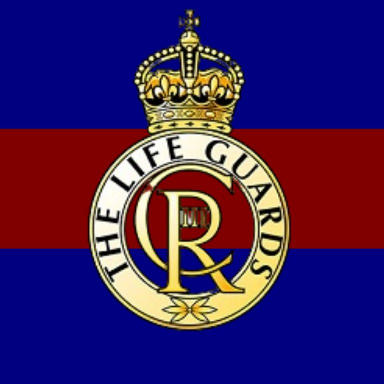 Emblem of The Life Guards featuring a crown and the letters "R" and "G" on blue and maroon background.